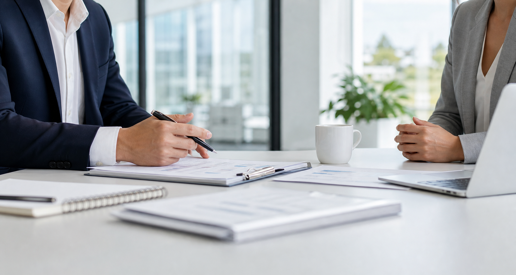 Professional accounting meeting with organized documents in a bright office