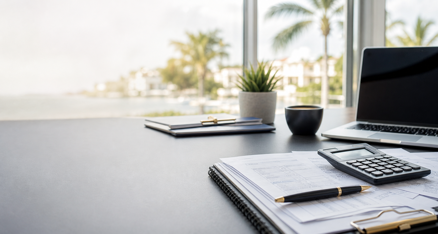 Organized accounting desk with tax documents, calculator, and laptop in a warm office setting