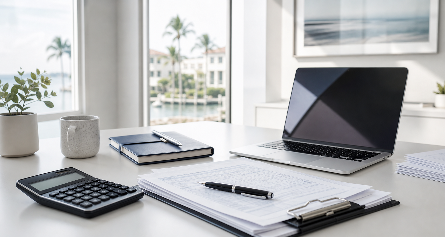 Organized accounting desk with tax documents, calculator, laptop, and coastal office light